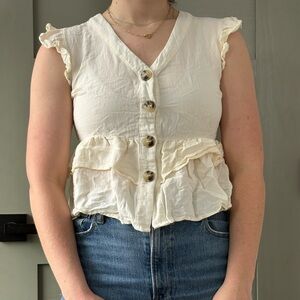 Hayden Cream Ruffled Button-Up Sleeveless Blouse